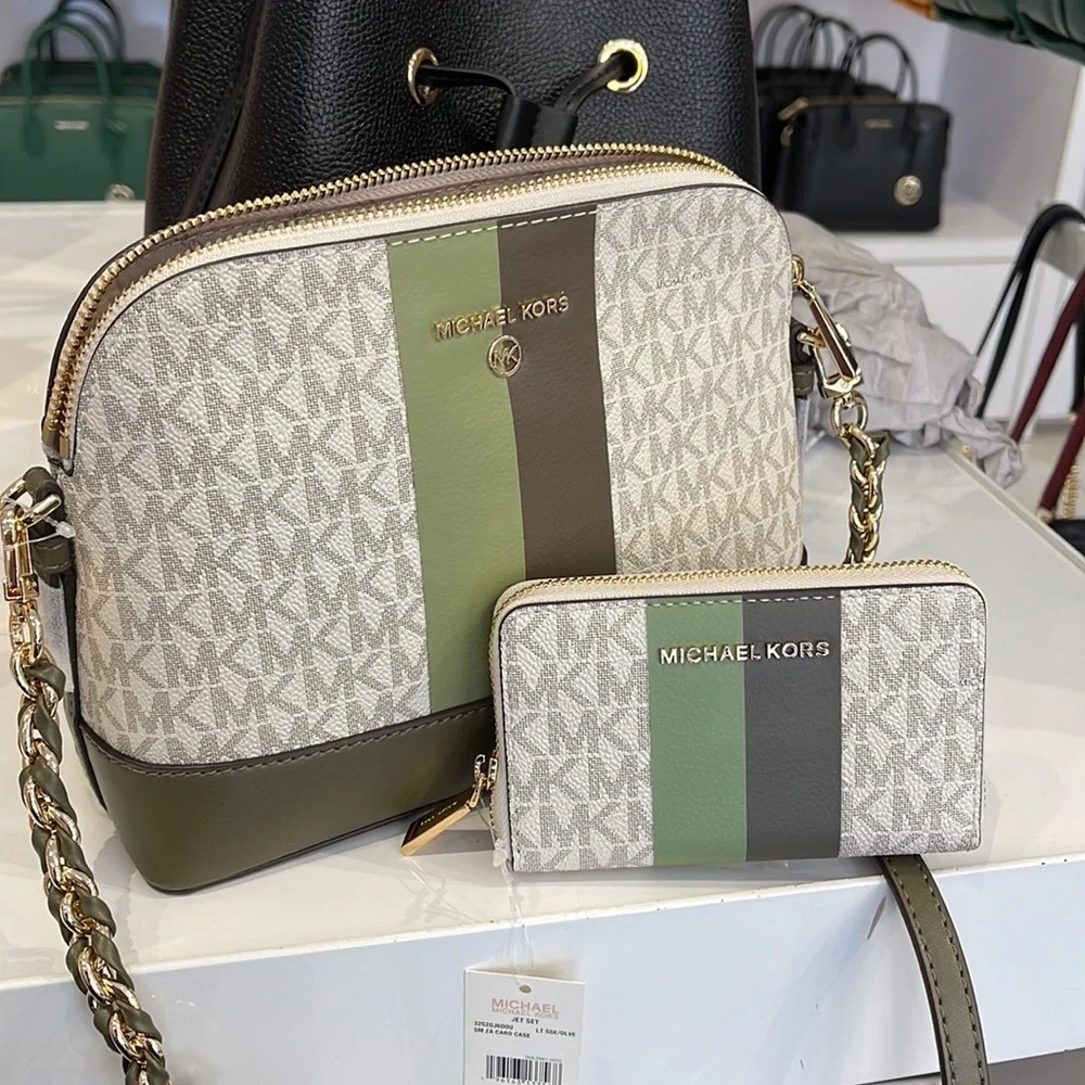 Michael Kors Jet Set Charm Signature Logo Printed Lg Dome & Sm Zip Around Card